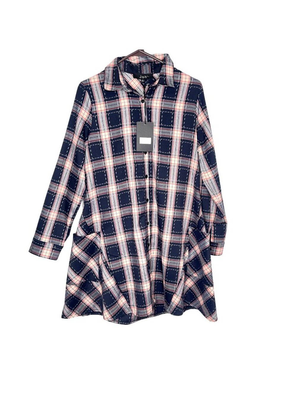Long Sleeve Shirt Dress Plaid Blue Red Cream Size S Jon Apparel